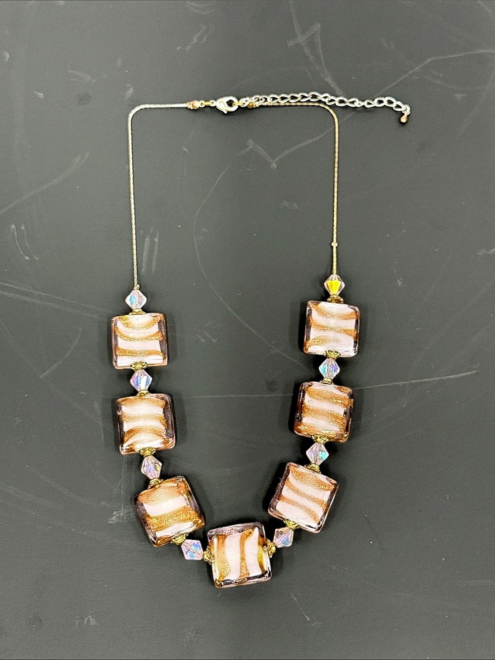 Pink Venetian Murano-Style Art Glass Square Bead Necklace Gold Aventurine Swirl